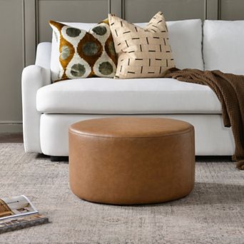 24" Faux Leather Round Upholstered Ottoman