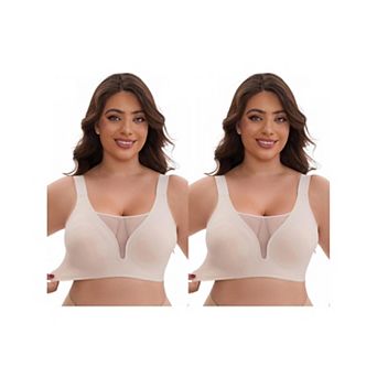 2 Packs Women's Mesh Plunge Wirefree Full Coverage Bras Wide Straps Seamless Lightweight Soft Bra