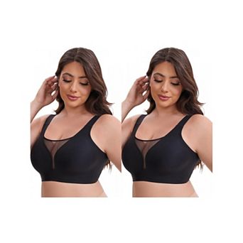 2 Packs Women's Mesh Plunge Wirefree Full Coverage Bras Wide Straps Seamless Lightweight Soft Bra