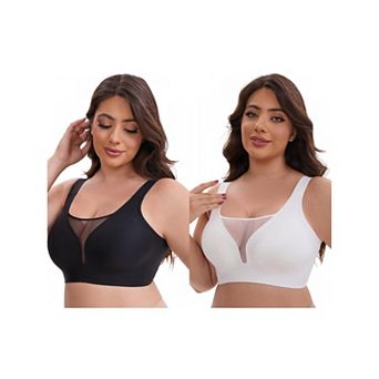 2 Packs Women's Mesh Plunge Wirefree Full Coverage Bras Wide Straps Seamless Lightweight Soft Bra