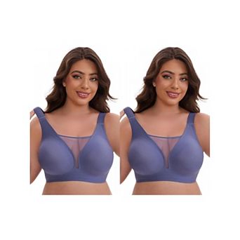 2 Packs Women's Mesh Plunge Wirefree Full Coverage Bras Wide Straps Seamless Lightweight Soft Bra
