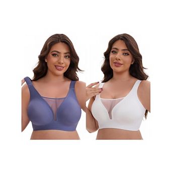 2 Packs Women's Mesh Plunge Wirefree Full Coverage Bras Wide Straps Seamless Lightweight Soft Bra