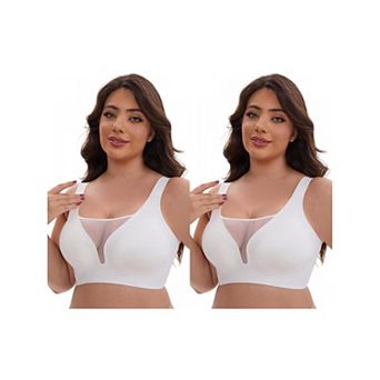 2 Packs Women's Mesh Plunge Wirefree Full Coverage Bras Wide Straps Seamless Lightweight Soft Bra