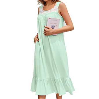 Ekouaer Women's Nightgowns Victorian Long Sleeveless Night Gown with Pockets Lace Trim Button Up