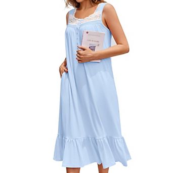 Ekouaer Women's Nightgowns Victorian Long Sleeveless Night Gown with Pockets Lace Trim Button Up