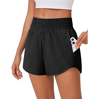 Pinspark Women's High Waisted Running Shorts Quick Dry Gym Shorts with Mesh Liner & Zip Pockets