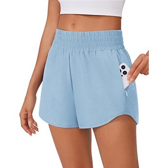 PINSPARK Women's High Waisted Running Shorts Quick Dry Gym Shorts with Mesh Liner & Zip Pockets