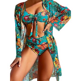 Women's 3 pc Tropical Print Bikini Set - High Waist Bottoms with Long Sleeve Cover Up