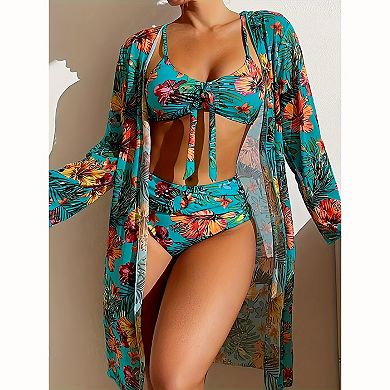 Women's 3-Piece Tropical Print Bikini Set - High Waist Bottoms with Long Sleeve Cover Up