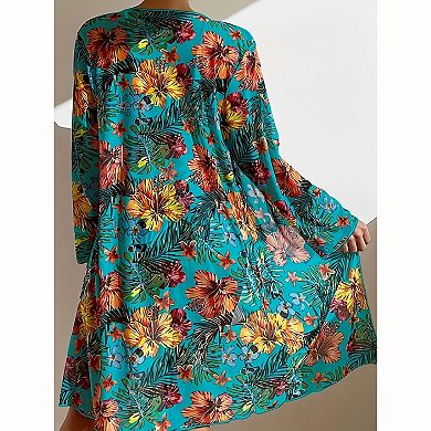 Women's 3-Piece Tropical Print Bikini Set - High Waist Bottoms with Long Sleeve Cover Up