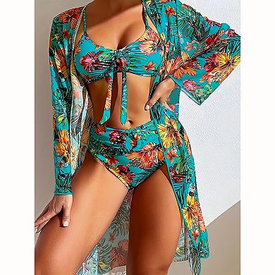 Women's 3-Piece Tropical Print Bikini Set - High Waist Bottoms with Long Sleeve Cover Up