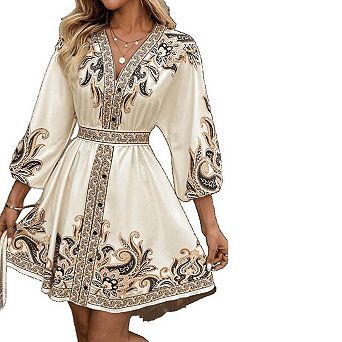 Seoria Long Sleeve V Neck Mini Fit and Flare Dress Paisley Print