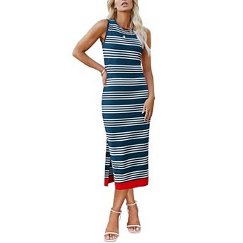 Zeagoo Women's Striped Sleeveless Side Slit Bodycon Midi Shift Dresses Casual Church Dresses
