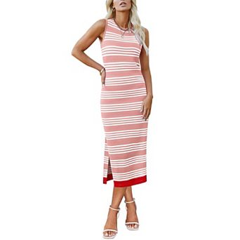 Zeagoo Women's Striped Sleeveless Side Slit Bodycon Midi Shift Dresses Casual Church Dresses