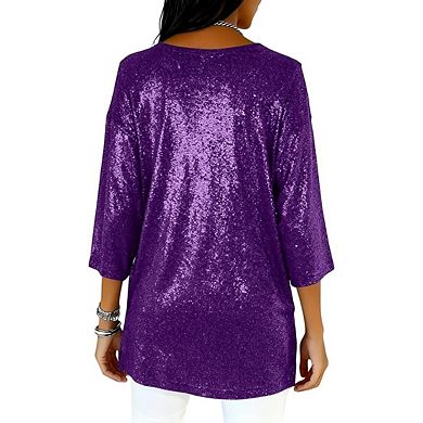 Women’s Sequin Tops Glitter V Neck Loose Summer 3/4 Sleeve Sparkly Blouses