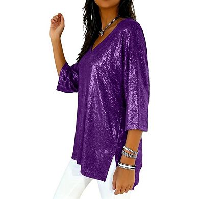 Women’s Sequin Tops Glitter V Neck Loose Summer 3/4 Sleeve Sparkly Blouses