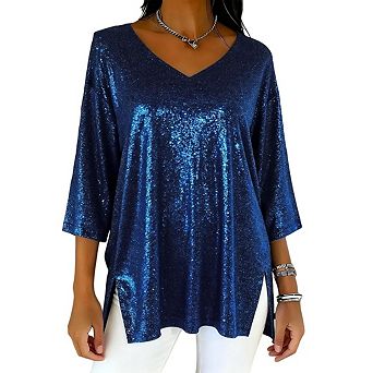 Women’s Sequin Tops Glitter V Neck Loose Summer 3/4 Sleeve Sparkly Blouses