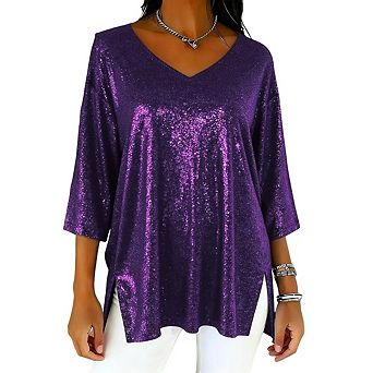 Women’s Sequin Tops Glitter V Neck Loose Summer 3/4 Sleeve Sparkly Blouses
