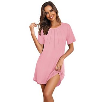 Ekouaer Nightgowns for Women Pleated Nightshirts Short Sleeve Sleepshirts Crew Neck Sleepwear Soft