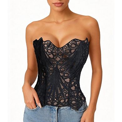 Women's Strapless Bustier Top Lace Up Overbust Shapewear Corset