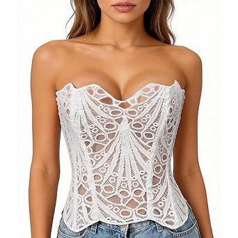 Women's Strapless Bustier Top Lace Up Overbust Shapewear Corset