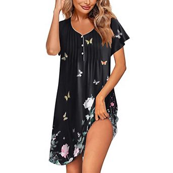 Ekouaer Women's Nightgown Flare Short Sleeve Sleepwear Pleated Sleepshirt Soft Pajama Dress