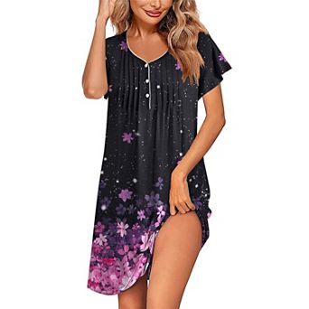 Ekouaer Women's Nightgown Flare Short Sleeve Sleepwear Pleated Sleepshirt Soft Pajama Dress