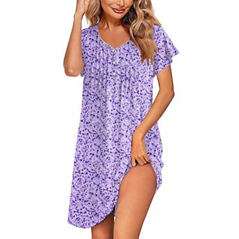 Ekouaer Women's Nightgown Flare Short Sleeve Sleepwear Pleated Sleepshirt Soft Pajama Dress