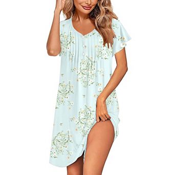 Ekouaer Women's Nightgown Flare Short Sleeve Sleepwear Pleated Sleepshirt Soft Pajama Dress