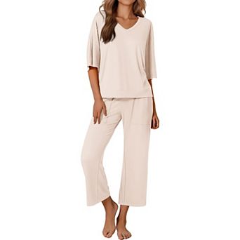 Ekouaer Women’s 2 pc Pajama Set Outfits with Pockets Short Sleeve Top Wide-Leg Lounge Pants