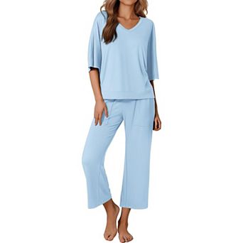 Ekouaer Women’s 2 pc Pajama Set Outfits with Pockets Short Sleeve Top Wide-Leg Lounge Pants