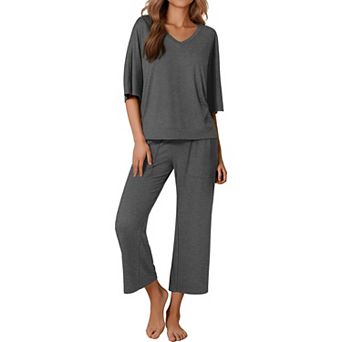 Ekouaer Women’s 2 pc Pajama Set Outfits with Pockets Short Sleeve Top Wide-Leg Lounge Pants