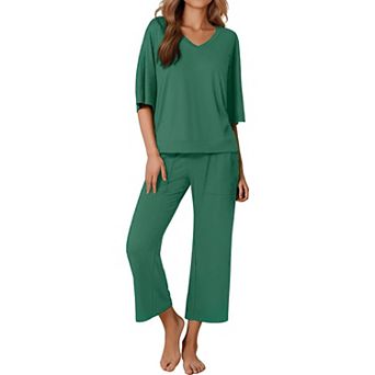Ekouaer Women’s 2 pc Pajama Set Outfits with Pockets Short Sleeve Top Wide-Leg Lounge Pants
