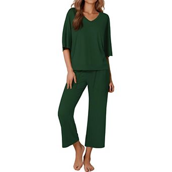 Ekouaer Women’s 2 pc Pajama Set Outfits with Pockets Short Sleeve Top Wide-Leg Lounge Pants