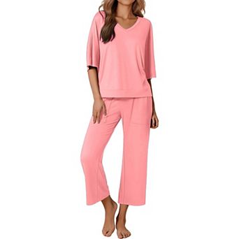 Ekouaer Women’s 2 pc Pajama Set Outfits with Pockets Short Sleeve Top Wide-Leg Lounge Pants