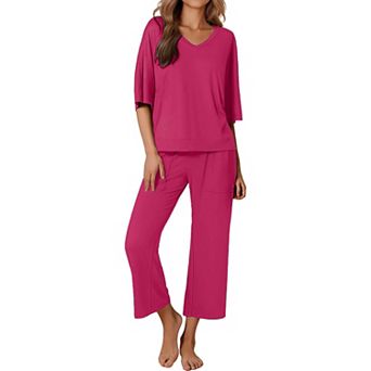Ekouaer Women’s 2 pc Pajama Set Outfits with Pockets Short Sleeve Top Wide-Leg Lounge Pants