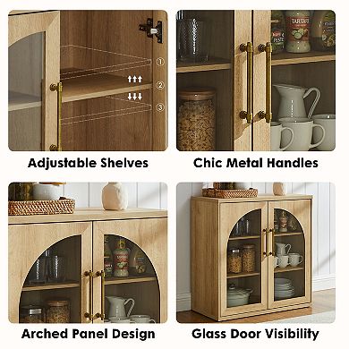Glass Arched Door Sideboard Buffet Cabinet, Accent Cabinet w/Adjustable Shelf, Wood Storage Cabinet