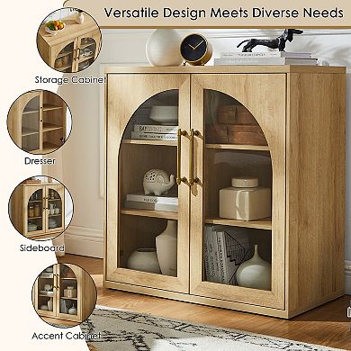 Glass Arched Door Sideboard Buffet Cabinet, Accent Cabinet w/Adjustable Shelf, Wood Storage Cabinet