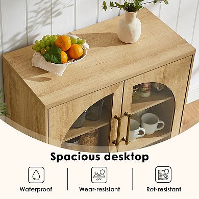 Glass Arched Door Sideboard Buffet Cabinet, Accent Cabinet w/Adjustable Shelf, Wood Storage Cabinet