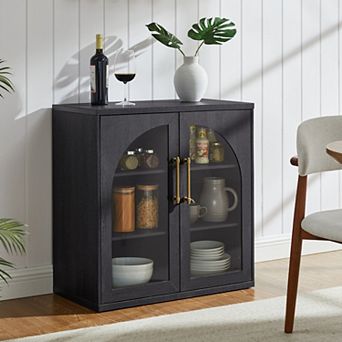 Glass Arched Door Sideboard Buffet Cabinet, Accent Cabinet w/Adjustable Shelf, Wood Storage Cabinet