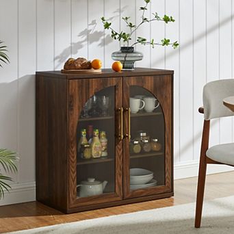 Glass Arched Door Sideboard Buffet Cabinet, Accent Cabinet w/Adjustable Shelf, Wood Storage Cabinet