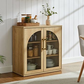 Glass Arched Door Sideboard Buffet Cabinet, Accent Cabinet w/Adjustable Shelf, Wood Storage Cabinet