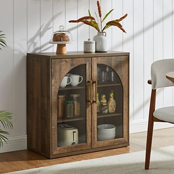 Glass Arched Door Sideboard Buffet Cabinet, Accent Cabinet w/Adjustable Shelf, Wood Storage Cabinet