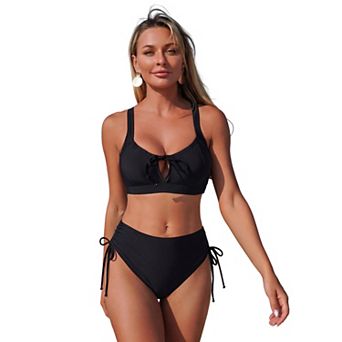 Women's Two-Piece Bikini Set with Front Tie Knot & Side Drawstring High-Waist Bottoms