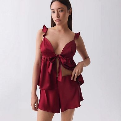 Women's Two Piece Sets Satin Cami Shorts Set with V-Neck Bow Detail
