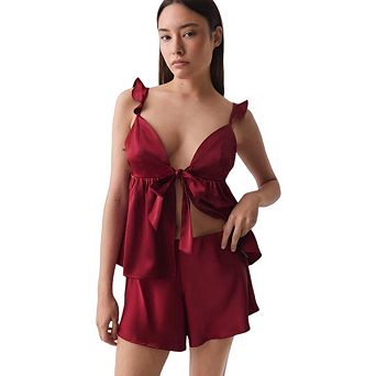 Women's Two Piece Sets Satin Cami Shorts Set with V-Neck Bow Detail