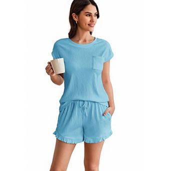 Ekouaer Womens Pajama Set Cap Sleeve Lounge Set Tops and Ruffle Shorts Pj Sets Casual Sleepwear