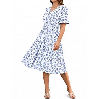 Zeagoo Floral Midi A-Line Dress Women's Boho V-Neck Spring Summer Dress Layer Ruffle Hem Cute Dress