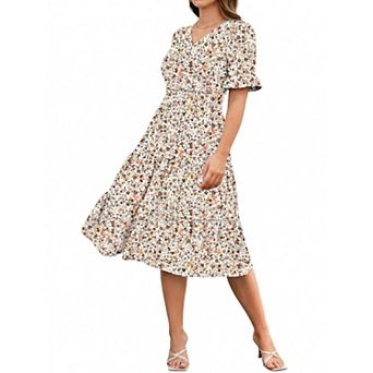 Zeagoo Floral Midi A-Line Dress Women's Boho V-Neck Spring Summer Dress Layer Ruffle Hem Cute Dress