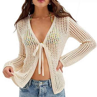 Women Crochet Tied Front Lightweight Cardigan Sweater